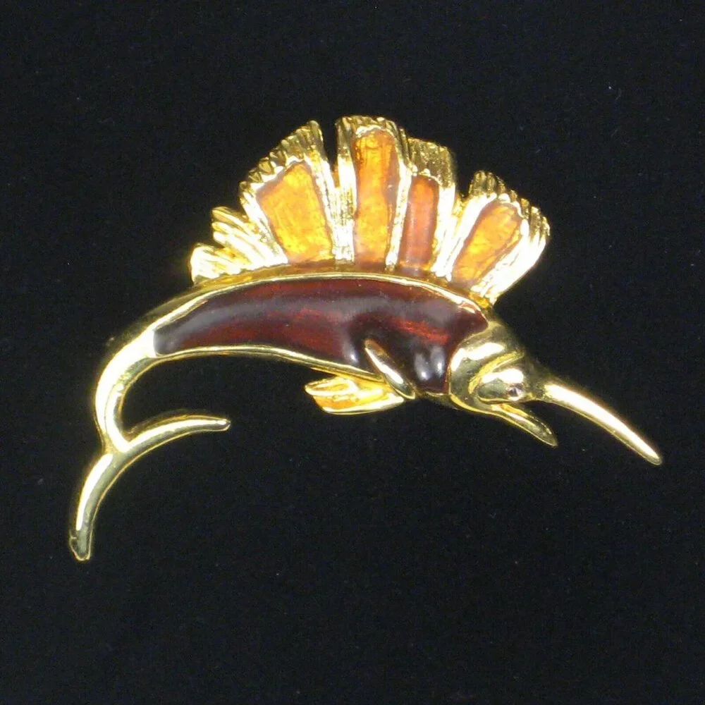 Swordfish Jewelry Brooch Pin 2 Inch Goldtone Fish Sea Ocean Enamel Orange